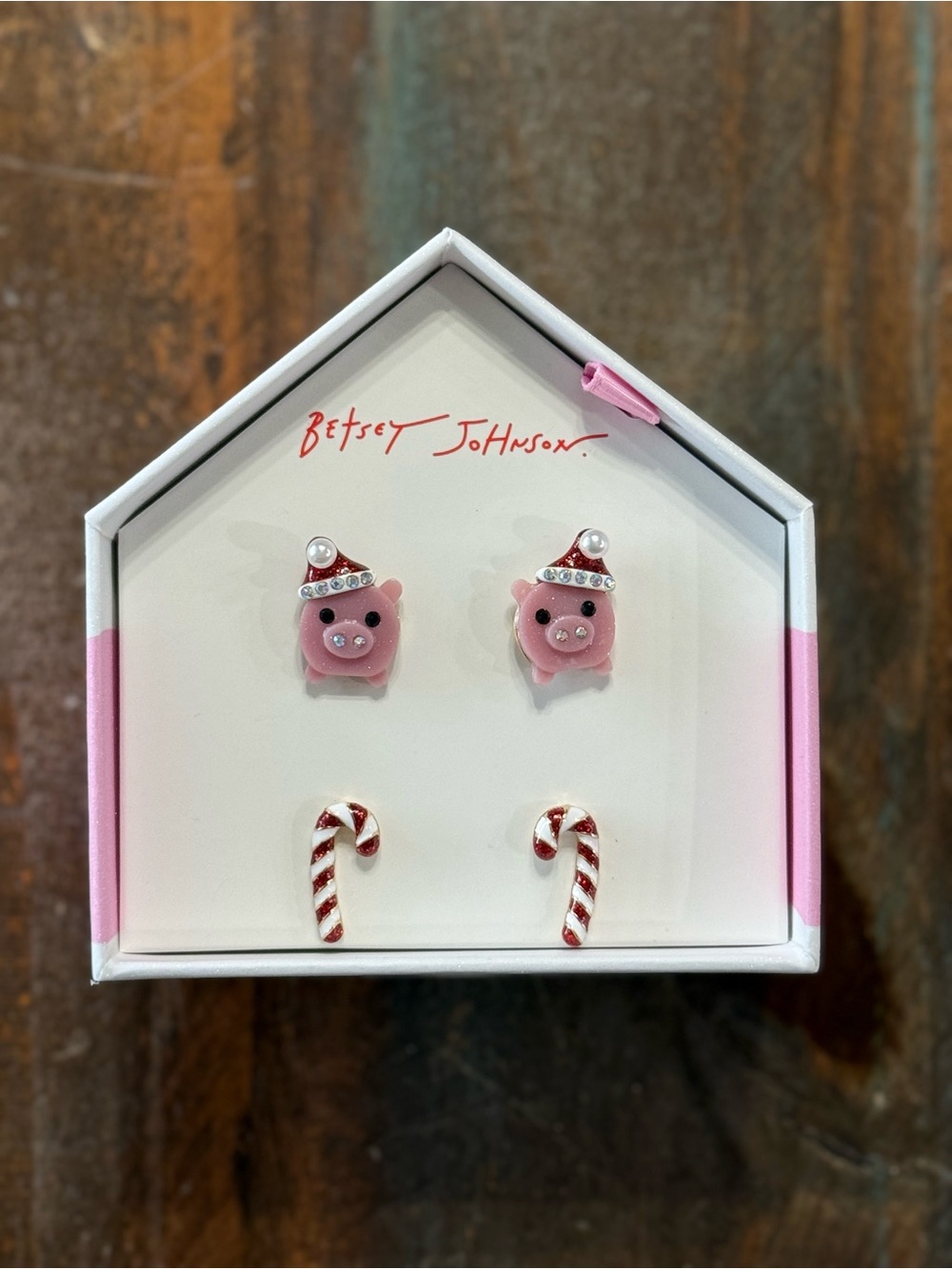Betsey Johnson Christmas Pig Candy Cane Stud Earrings 2 Pair Set NIB